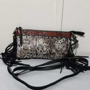 RAFTER T Western Stylish Leather Fringe Snake Print Crossbody Bag